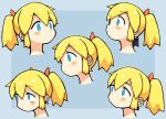  1girl bachera blonde_hair blue_background blue_eyes blush_stickers closed_mouth commentary hair_between_eyes hair_ribbon head_only multiple_views original pakky_(bachera) ponytail red_ribbon ribbon sidelocks two-tone_background 
