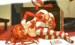  1girl artist_name aseiusx ass christmas christmas_present christmas_tree commentary dated english_commentary gift gloves interface_headset naked_ribbon neon_genesis_evangelion orange_hair red_gloves red_ribbon ribbon solo souryuu_asuka_langley tongue tongue_out 