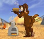 absurd_res anthro baked_goods baking bangs bear bent_over big_butt blizzard_entertainment blue_sky blurred_background bread bread_loaf breasts brown_body brown_fur brown_hair butt campfire casual_nudity claws cooking countershade_feet countershade_hands countershading detailed_background facial_markings feet female fire food fur furnace game_background green_eyes hair head_markings hi_res holding_object holding_tray long_hair looking_at_viewer looking_back looking_back_at_viewer mammal markings mouth_closed nude outside pandaren pawpads pink_pawpads plantigrade ponytail public public_nudity raised_heel red_pandaren sky smile smoke soles solo steam striped_arms striped_body striped_legs striped_markings striped_tail stripes tail tail_markings tan_body tan_fur tents the_urge_within thick_thighs tiya_shortclaw warcraft