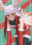  1girl all_fours bare_shoulders bird_girl bird_tail bird_wings black_pantyhose blunt_bangs blush elbow_gloves fur_trim gloves green_sweater head_wings highres japanese_crested_ibis_(kemono_friends) kemono_friends looking_at_viewer multicolored_hair no_shoes obsession36 pantyhose red_gloves red_hair red_shirt red_skirt santa_costume shirt short_hair short_hair_with_long_locks sidelocks skirt sleeveless smile solo sweater tail turtleneck turtleneck_sweater white_fur white_hair wings yellow_eyes 