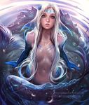  blonde_hair blue_eyes blue_scales constellation convenient_censorship face_paint female fin fish gills hair head_fin looking_up marine merfolk nude pisces_(symbol) pisces_(zodiac) sakimichan scales seashell solo water 