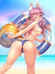  ;p animal_ears arm_behind_back ass bangs beach bikini blonde_hair blush breasts cameltoe covered_nipples day ears_through_headwear eyebrows_visible_through_hair fate/grand_order fate_(series) fox_ears fox_tail from_behind gradient_hair hair_ornament highres kneepits large_breasts long_hair looking_at_viewer looking_back lucknight micro_bikini multicolored_hair one_eye_closed outdoors pink_hair purple_bikini side-tie_bikini sky smile solo strap_gap swimsuit tail tamamo_(fate)_(all) tamamo_no_mae_(swimsuit_lancer)_(fate) thong tongue tongue_out yellow_eyes 