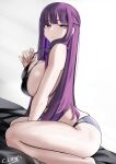  1girl black_bra black_panties blunt_bangs bra breasts cleavage cliov fern_(sousou_no_frieren) highres large_breasts long_hair looking_at_viewer panties purple_eyes purple_hair sidelocks sitting solo sousou_no_frieren underwear wariza 