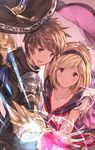  1girl black_hairband blonde_hair blush breasts brown_eyes brown_hair cleavage closed_mouth djeeta_(granblue_fantasy) gloves gran_(granblue_fantasy) granblue_fantasy hairband looking_at_viewer medium_breasts milli_little open_mouth short_hair sketch smile white_gloves 