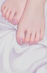  1girl absurdres barefoot bed_sheet commentary feet feet_only foot_focus highres lens_flare nail_polish original out_of_frame purple_nails qizhu solo toenail_polish toenails toes veins 