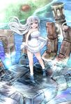  :d bangs barefoot blue_eyes blush breasts day dress dress_lift frilled_dress frills halterneck highres in_palm kagitsume large_breasts long_hair looking_at_viewer mecha open_mouth original outdoors river silver_hair smile solo standing sundress very_long_hair wading water white_dress wind 