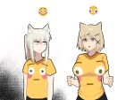  2girls :o alternate_costume animal_ears arknights blonde_hair breasts commentary_request highres large_breasts long_hair looking_at_another multiple_girls platinum_(arknights) shirt short_hair tofudofu upper_body utage_(arknights) white_background white_eyes yellow_shirt 