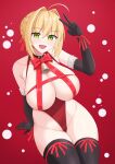  1girl absurdres ahoge bell black_gloves black_thighhighs blonde_hair blush braid breasts elbow_gloves fate/extra fate/grand_order fate_(series) french_braid gloves green_eyes hair_bun hair_intakes hair_ribbon highleg highleg_swimsuit highres jingle_bell large_breasts liu_han long_hair looking_at_viewer nero_claudius_(fate) nero_claudius_(fate/extra) one-piece_swimsuit open_mouth red_one-piece_swimsuit red_ribbon ribbon smile solo swimsuit thighhighs v 