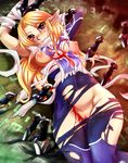  1girl artist_name bad_id bad_tumblr_id bandage blonde_hair blood blush bodysuit breasts elf female highres inuki kunai long_hair looking_at_viewer lying navel on_back pointy_ears puffy_nipples pussy red_eyes sheik signature solo text the_legend_of_zelda the_legend_of_zelda:_ocarina_of_time torn_clothes uncensored watermark weapon zelda_musou 