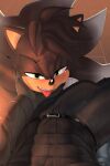 absurd_res anthro anthro_on_anthro black_body canid canine canis clothed clothing duo erection erection_under_clothing eulipotyphlan fan_character first_person_view green_eyes hedgehog hi_res infinite_(sonic) jackal krazyelf looking_at_viewer male male/male male_pov mammal multicolored_body open_mouth open_smile sega smile sonic_forces sonic_the_hedgehog_(series) tan_body tongue tongue_out two_tone_body