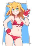  1girl absurdres bikini blonde_hair blush breasts buzzlyears gloves green_eyes grin hand_on_own_hip highres long_hair looking_at_viewer medium_breasts mega_man_(series) mega_man_legends_(series) navel parted_lips red_bikini red_gloves roll_caskett_(mega_man) santa_bikini smile solo swimsuit teeth 