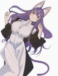  1girl absurdres animal_ear_fluff animal_ears black_coat black_robe blunt_bangs breasts cat_ears cat_girl cat_tail coat ddari dress expressionless fern_(sousou_no_frieren) highres kemonomimi_mode large_breasts long_hair long_sleeves looking_at_viewer lying on_back paw_pose purple_eyes purple_hair purple_pupils robe sidelocks solo sousou_no_frieren straight_hair tail white_dress 