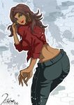  1girl amida_arca ass bangs breasts brown_hair dark_skin earrings green_eyes gundam gundam_tekketsu_no_orphans jewelry large_breasts leaning leaning_forward long_hair looking_at_viewer pants red_shirt shirt sideboob smile solo usuda_hiro 