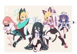  5girls ^^^ absurdly_long_hair anger_vein animal_ear_headphones animal_ears arashiya aris_(blue_archive) arm_up ass black_hair black_skirt black_thighhighs blonde_hair blue_archive blue_bow blue_eyes blue_halo blue_necktie blush bow cat_tail closed_mouth collared_shirt covering_face fake_animal_ears full_body game_development_department_(blue_archive) ginyu_force_pose green_eyes green_halo hair_bow halo headphones jacket long_hair long_sleeves looking_at_viewer mechanical_halo midori_(blue_archive) momoi_(blue_archive) multiple_girls necktie one_side_up open_clothes open_jacket open_mouth pink_halo pleated_skirt purple_hair red_bow red_eyes red_hair shaded_face shirt short_hair siblings sisters skirt smile suit tail thighhighs twins two-sided_fabric two-sided_jacket two_side_up very_long_hair white_jacket white_shirt wide_sleeves yellow_halo yuuka_(blue_archive) yuzu_(blue_archive) 