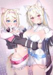  2girls :d animal_ear_fluff animal_ears belt belt_buckle black_jacket blonde_hair blue_belt blue_eyes blue_hair blush breasts buckle cleavage closed_mouth commentary_request dog_ears dog_girl dog_tail dress fur-trimmed_jacket fur_trim fuwawa_abyssgard gmkj groin hair_between_eyes hair_intakes hair_ornament hairclip headphones headphones_around_neck highres hololive hololive_english jacket large_breasts long_hair long_sleeves mococo_abyssgard multicolored_hair multiple_girls navel off_shoulder open_clothes open_fly open_jacket open_shorts pink_belt pink_eyes pink_hair puffy_long_sleeves puffy_sleeves short_shorts shorts siblings sisters sleeves_past_wrists smile streaked_hair tail twins very_long_hair virtual_youtuber white_dress white_shorts x_hair_ornament 