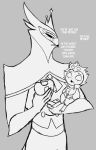 anthro avian avian_demon bird bottle cape child clothing container crown demon dialogue duo father_(lore) father_and_child_(lore) father_and_son_(lore) formal_clothing formal_wear grey_background hair headgear helluva_boss hi_res holding_another holding_bottle holding_child holding_container holding_object looking_down looking_up male owl owl_demon paimon_(helluva_boss) parent_(lore) parent_and_child_(lore) parent_and_son_(lore) robe short_hair simple_background son_(lore) standing stolas_(helluva_boss) teathekook text white_text young