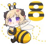  1girl :o absurdres ahoge animal_ears antennae arthropod_girl bee_costume bee_girl bee_wings blonde_hair blush chibi hair_ornament hairclip highres hiruno_isu holding holding_jar hololive honeypot horns jar looking_at_viewer official_alternate_hair_length official_alternate_hairstyle purple_eyes sheep_ears sheep_horns solo tsunomaki_watame virtual_youtuber wings 