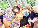  3girls bang_dream! blush brown_hair multiple_girls shirt short_hair shorts smile toyama_kasumi violet_eyes wink 