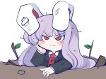  1girl animal_ears bandaid_on_ear black_vest blazer blush chahan_(fried_rice0614) chibi collared_shirt commentary_request crying crying_with_eyes_open hand_on_own_cheek hand_on_own_face jacket leaf long_hair long_sleeves necktie on_ground purple_hair rabbit_ears rabbit_girl red_eyes red_necktie reisen_udongein_inaba shirt simple_background solo tears touhou twig upper_body vest wavy_mouth white_background 