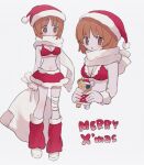  1girl bikini boko_(girls_und_panzer) breasts brown_eyes brown_hair cleavage closed_mouth girls_und_panzer hat highres holding holding_sack holding_stuffed_toy looking_at_viewer medium_breasts merry_christmas navel nishizumi_miho parted_lips red_bikini red_headwear red_leg_warmers red_skirt ri_(qrcode) sack santa_bikini santa_hat short_hair simple_background skirt solo stuffed_animal stuffed_toy swimsuit teddy_bear white_background 