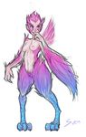  2014 animal_legs avian breasts feathered_wings feathers female hair harpy humanoid long_eyebrows monster_girl_(genre) navel nipples nude pink_eyes pink_hair pubes short_hair small_breasts solo svenners talons wings 