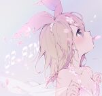  1girl bare_shoulders blonde_hair blue_eyes blush bow bow_hairband breasts camisole character_name cherry_blossoms cleavage collarbone falling_petals floral_dissolve flower frilled_camisole frilled_hairband frills hairband hmniao holding holding_petal kagamine_rin looking_up mouth_hold nightgown petal_in_mouth petals pink_background pink_bow pink_camisole pink_flower pink_nails small_breasts solo vocaloid 