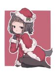  1girl animal_ear_fluff animal_ears black_gloves black_hair black_pantyhose blush bow brown_eyes capelet closed_mouth dress forehead full_body fur-trimmed_capelet fur-trimmed_dress fur-trimmed_headwear fur-trimmed_sleeves fur_trim gloves hand_up hat long_sleeves looking_at_viewer no_shoes original outline pantyhose red_background red_bow red_capelet red_dress red_headwear santa_costume santa_hat sleeves_past_wrists solo striped striped_bow tail tilted_headwear two-tone_background uzoumuzo wavy_mouth white_background white_outline 