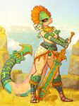 anthro areola areye_(artist) argonian armor aztec balls bethesda_softworks blush breasts chastity_cage chastity_device clothed clothing detailed_background digital_media_(artwork) feet footwear genitals girly grass gynomorph headgear headwear hi_res holding_object holding_weapon horn intersex jewelry legwear markings melee_weapon narrowed_eyes necklace nipple_piercing nipples outside piercing plant pose quivers-for-arrows reptile scales scalie skyrim solo sword tail teeth the_elder_scrolls thick_thighs toes topwear weapon wide_hips