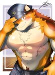 abs anthro barrel_(live_a_hero) blush bottomwear brown_body brown_fur canid canine canis clothed clothing fur hi_res kt0414143919 lifewonders live_a_hero male mammal muscular muscular_anthro muscular_male pants pecs police_hat solo topless wolf