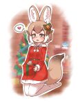  absurdres animal_ears blush bow bowtie brown_hair chai_chai_huishi christmas christmas_present christmas_tree dhole_(kemono_friends) dog_ears dog_girl dog_tail dress fang fur_collar fur_trim gift green_bow hair_between_eyes hair_bow heart highres kemono_friends kemono_friends_3 light_brown_hair multicolored_hair no_shoes official_alternate_costume open_mouth pantyhose red_bow red_dress santa_costume seiza short_hair sidelocks sitting spoken_heart tail two-tone_bow white_bow white_bowtie white_fur white_hair white_pantyhose yellow_eyes 