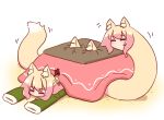  3girls animal_ear_fluff animal_ears blonde_hair blush closed_eyes fox_ears fox_girl fox_tail fur-trimmed_sleeves fur_trim green_shirt hair_bun hair_ornament hairpin kemomimi-chan_(naga_u) kotatsnail kotatsu long_sleeves lying multiple_girls naga_u no_mouth on_stomach original shirt simple_background single_hair_bun sleeves_past_fingers sleeves_past_wrists table tail under_kotatsu under_table white_background 