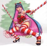  1girl arm_warmers bad_link bell belt black_hair black_nails blue_eyes blush bow breasts candy candy_cane christmas_tree colored_inner_hair drawfag dual_wielding eyelashes fighting_stance food full_body gift high_heels highres holding holding_candy holding_candy_cane holding_food holly lipstick long_hair makeup medium_breasts multicolored_hair panty_&amp;_stocking_with_garterbelt pink_hair red_bow solo standing stocking_(psg) thighhighs very_long_hair 