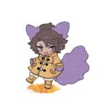  1boy animal_ears blush boots coat e.g.o_(project_moon) fang full_body fur-trimmed_boots fur_trim heathcliff_(project_moon) limbus_company long_sleeves open_mouth project_moon purple_eyes simple_background smile solo tail uchimura_(rino0525) white_background wolf_boy wolf_ears wolf_tail yellow_coat yellow_footwear 