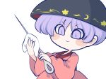  1girl blush bowl bowl_hat chahan_(fried_rice0614) chibi commentary hat holding holding_needle holding_rag japanese_clothes kimono long_sleeves needle needle_sword purple_eyes purple_hair rag red_kimono short_hair simple_background smile solo sukuna_shinmyoumaru touhou upper_body white_background wide_sleeves 