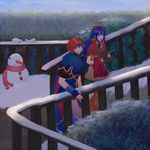  1girl armor blue_hair cape dress fire_emblem fire_emblem:_fuuin_no_tsurugi hat lijupy lilina red_hair roy_(fire_emblem) smile snow 