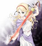  1girl alternate_eyebrows arm_up bags_under_eyes blonde_hair blue_eyes braid breasts closed_mouth commentary_request dress feet_out_of_frame grey_background hairband holding holding_sword holding_weapon lips long_hair looking_at_viewer maiden_of_versailles medium_breasts mismatched_eyebrows pale_skin partial_commentary red_hairband shin_(highest1192) skinny sleeveless sleeveless_dress solo standing sunken_eyes sword toaru_majutsu_no_index weapon white_dress 