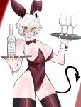  1girl absurdres alcohol animal_ears bottle breasts demon demon_girl demon_horns demon_tail glass glasses grumpy helltaker highres holding holding_tray horns large_breasts looking_at_viewer malina_(helltaker) playboy_bunny rabbit_ears red_eyes rogue1749 tail thighhighs tray vodka 
