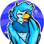 anthro avian beak bird blue_eyes blue_hair clothed clothing covering covering_mouth female hair hi_res martlet_(undertale_yellow) mintybirdd neck_tuft one_eye_closed solo tuft undertale undertale_(series) undertale_yellow wings wink