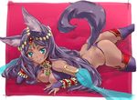  animal_ears aqua_eyes ass back breasts bridal_gauntlets cleavage dark_skin elbow_gloves fate/grand_order fate_(series) gloves hair_ornament highres long_hair looking_at_viewer lying medium_breasts on_stomach purple_hair purple_legwear queen_of_sheba_(fate/grand_order) smile solo suzuki24 tail thighhighs 