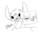  alien claws digital_drawing_(artwork) digital_media_(artwork) disney drawing experiment_(species) greyscale harara head_tuft hi_res holding_object lilo_and_stitch looking_at_viewer monochrome notched_ear open_mouth open_smile paper pencil_(object) scrump simple_background sketch smile solo stitch tuft white_background 