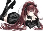  bare_shoulders black_bow black_dress black_necktie black_thighhighs bow collar covering_mouth detached_sleeves dress fur-trimmed_dress fur-trimmed_sleeves fur_trim garter_straps hair_bow hand_over_own_mouth high_heels highres long_hair lying mahou_shoujo_madoka_magica misteor necktie on_stomach ponytail red_eyes red_hair sakura_kyoko simple_background slit_pupils thighhighs white_background 