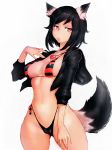  1girl :&lt; animal_ears arm_up bikini black_bikini black_hair breasts fox_ears fox_tail fumio_(rsqkr) heart heart_necklace highres hips jacket jewelry long_hair looking_at_viewer medium_breasts midriff navel necklace parted_lips red_bikini red_eyes simple_background solo striped striped_bikini swimsuit tail thighs white_background 