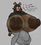 absurd_res anthro antlers areola balls big_areola big_balls big_breasts big_bulge big_nipples blue_eyes blush bodily_fluids bottomwear breasts brown_body brown_hair brown_nipples bulge clothed clothing deer dialogue exposed_breasts eyewear fur genitals ghostfuckrr glasses gynomorph hair hand_on_face hi_res holly_(ghostfuckrr) horn huge_areola huge_breasts huge_bulge huge_nipples hyper hyper_breasts hyper_bulge intersex mammal new_world_deer nipples pants presenting presenting_breasts raised_clothing raised_sweater raised_topwear reindeer simple_background skinny smile solo sweat sweatdrop sweater sweaty_breasts text topwear