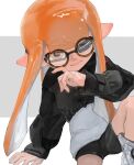  1girl black_shorts brown-framed_eyewear closed_mouth commentary_request glasses grey_background highres inkling inkling_girl invisible_chair kamikaihi_game long_hair one_eye_closed orange_eyes orange_hair pointy_ears round_eyewear shoes short_shorts shorts simple_background sitting solo splatoon_(series) tentacle_hair two-tone_background white_background white_footwear 