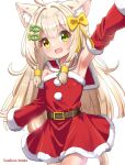  animal_ears arm_up belt blonde_hair bow cat_ears christmas christmas_ornaments cowboy_shot dress fish_hair_ornament fur-trimmed_dress fur_trim green_eyes hair_bow hair_ornament hazakura_hinata heterochromia highres kurumi_(hazakura_hinata) long_hair merry_christmas original santa_costume white_background yellow_bow yellow_eyes 