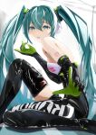  1girl absurdres aqua_eyes aqua_hair arm_tattoo black_bodysuit black_footwear black_gloves bodysuit boots breasts elbow_gloves from_side gloves green_gloves hair_between_eyes hatsune_miku highres hxk4_n long_hair looking_at_viewer number_tattoo open_mouth racing_miku racing_miku_(2022) sideboob single_thigh_boot sitting small_breasts solo tattoo thigh_boots triangle_mouth twintails two-tone_gloves very_long_hair vocaloid white_background 