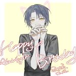  1boy blue_hair chinese_commentary commentary_request covering_mouth english_text grey_shirt hands_up happy_birthday highres kyoko_(akakikyoko) layered_sleeves looking_at_viewer male_focus original shirt short_hair simple_background solo upper_body white_shirt yellow_eyes 