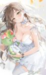  1girl absurdres breasts brown_hair choyeon cleavage collar dress frilled_collar frills green_eyes highres large_breasts long_hair meme_(v-lup) off_shoulder single_thighhigh smile solo strap_slip stuffed_animal stuffed_pig stuffed_toy thighhighs v-lup virtual_youtuber white_dress 
