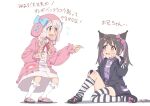  2girls black_footwear black_hair black_jacket blue_bow bobby_socks bow bowtie brown_eyes cellphone cosplay dress flying_sweatdrops hair_bow hair_ornament hairpods highres holding_bandaid hood hooded_jacket jacket kneehighs kuromi kuromi_(cosplay) light_brown_hair long_sleeves looking_at_another mary_janes mpoi multicolored_hair multiple_girls my_melody my_melody_(cosplay) necktie onii-chan_wa_oshimai! open_clothes open_jacket open_mouth oyama_mahiro oyama_mihari phone pink_footwear pink_jacket plaid_necktie purple_hair purple_necktie red_bow red_bowtie sailor_dress sanrio scraped_knee shoes short_necktie siblings simple_background sisters sitting skull_hair_ornament smartphone socks striped striped_thighhighs thighhighs thighhighs_pull translation_request two-tone_hair wavy_mouth white_background white_dress white_socks zipper 