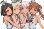  4girls black_hair blonde_hair blush bow brown_eyes brown_hair closed_mouth commentary_request dress grecale_(kancolle) green_eyes grey_eyes grey_hair grid_background hair_bow highres italian_text kantai_collection libeccio_(kancolle) long_hair maestrale_(kancolle) multiple_girls open_mouth red_bow sailor_collar sailor_dress scirocco_(kancolle) shamomo short_hair simple_background sleeveless sleeveless_dress smile translation_request white_background white_dress white_sailor_collar 